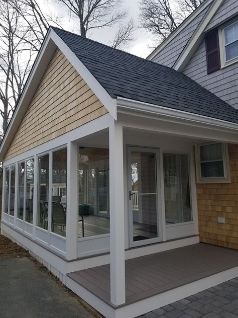 Sunroom With Patio Attached, Cape Cod Sunroom, Add Enclosed Porch To House Front Entry, Add On Sunroom Room Additions, 3 Season Room Ideas Patio Enclosures, 3 Seasons Porch Ideas, 4 Season Sunroom Ideas Room Additions, 3 Season Sunroom, 3 Season Porch Ideas