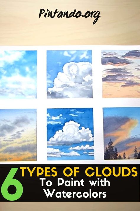 6 types of clouds to paint with watercolors. In this watercolor tutorial, I show you my process for painting 6 types of clouds. This tutorial demonstrates how easy painting can be. Hope you enjoy! #painting #watercolors #tutorial #pintandoblog Sketching For Watercolor Painting, Painting Skies In Watercolor, Watercolour Clouds Easy, Cloud Watercolor Tutorials, Watercolor Cloud Tutorial, How To Draw Clouds Watercolors, How To Watercolor Clouds, Watercolour Clouds Tutorial, Watercolor Clouds Tutorial