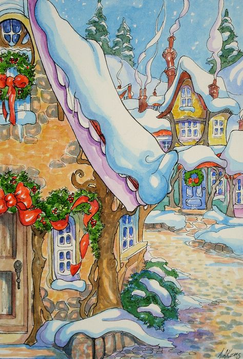 Christmas Village Christmas Village Painting, Cute Village, Art Deco Cottage, Cottage Illustration, Village Painting, Cottage Painting, Storybook Art, Storybook Cottage, Cute Cottage