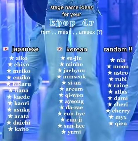 Stage Name Ideas Korean, Kpop Name Ideas, Stage Name Ideas, Group Scenarios, Movie Writing, Korean Boy Names, Shifting Help, Asian Names, Oc Names