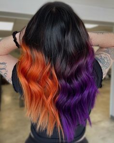 Halloween Ombre Hair, Halloween Color Hair, Halloween Colored Hair, Fall Rainbow Hair, Halloween Vivid Hair Color, Dog Halloween Hair Dye, Halloween Hair Dye, Split Dye, Color Melt