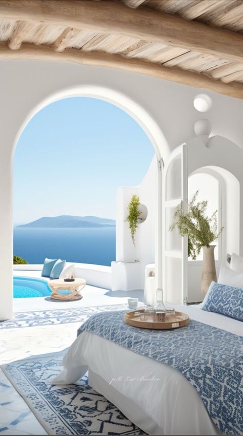 Greek Luxury Villas, Greece Home Design, Santorini Themed Bedroom, Santorini Architecture Interior Design, Summer House Greece, Greek Hotel Room, Greece Home Interior, Greece Interior Design Greek House, Greek Houses Interior