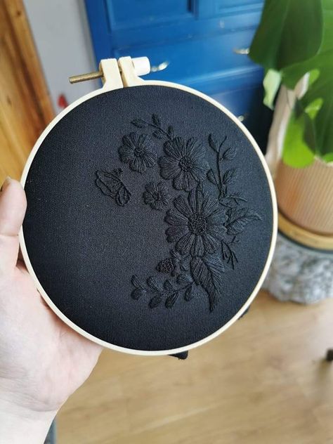 Gothic Embroidery On Clothes, Dark Fabric Embroidery, Embroidery Dark Fabric, Dark Floral Embroidery, All Black Embroidery, Embroidery Black On Black, Embroidery With Thread, Embroidery Patterns On Black Fabric, Black Embroidery On Black Fabric