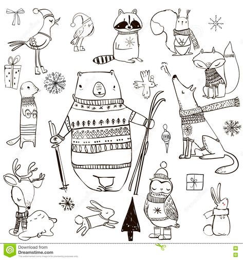 Winter Drawings, Black And White Christmas, Animals Cartoon, Kawaii Christmas, Christmas Doodles, Animal Doodles, Chalk Drawings, Winter Animals, Planner Templates