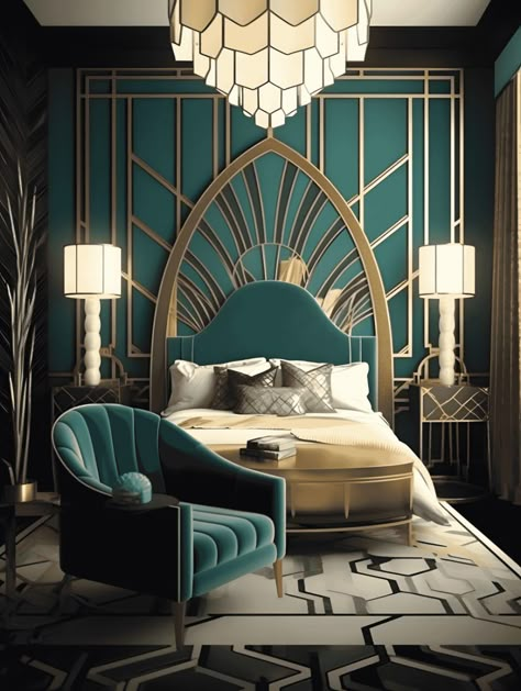 Art Deco Wall Panelling Interior Design, Old Art Deco Interior, Historic Art Deco Interior, Art Deco Theater Room, Teal Art Deco Bedroom, Art Nouveau Bedroom Decor, Gatsby Inspired Bedroom, Contemporary Art Deco Bedroom, Mediterranean Art Deco