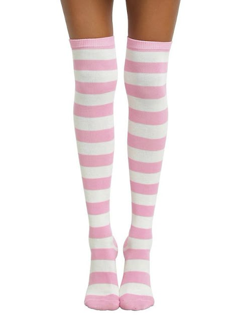 Blackheart Cream & Pink Striped Over-The-Knee Socks, Pink Striped Socks, Coquette Closet, Doll Socks, Cream Socks, Over Knee Socks, Stripe Socks, Sock Outfits, Pink Socks, Over The Knee Socks