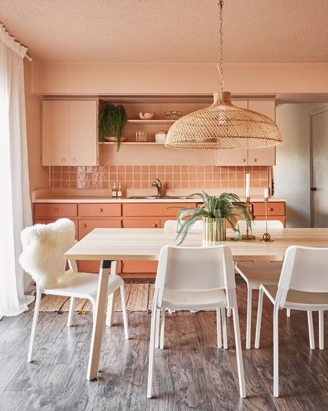 Pink Terrazzo Tile, Affordable Renovations, Ikea Cupboards, Dark Brown Furniture, Ikea Coffee Table, Two Tone Kitchen, Brown Furniture, Ikea Cabinets, Boho Kitchen