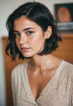 Bob Balayage Brunette Dark, Short Wavy Straight Hair, Bob Haircut For Wavy Hair Short, Short Brown Hair Thick, Black Brown Short Hair, Bob For Naturally Wavy Hair, Short Haircuts For Women Brown Hair, Cute Half Up Hairstyles For Short Hair, Short Hair Light Bangs