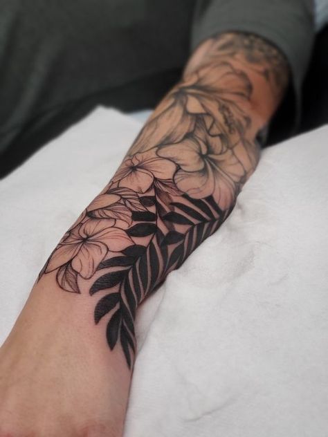 18 Ideas Discover Tropical Leaves Tattoos: Inked Visions of Nature's Elegance Leaves On Arm Tattoo, Tropical Hand Tattoo, Tropical Plant Tattoo Sleeve, Tropical Arm Sleeve Tattoo, Leaves Tattoo Men, Jungle Leaves Tattoo, Tropical Leaves Tattoo, Underarm Tattoo, Jungle Tattoo