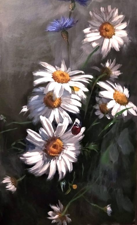 Acrylic Flower Painting, Realistic Oil Painting, Daisy Art, Daisy Painting, Landscape Art Painting, Watercolor Painting Techniques, Garden Painting, Floral Artwork, Still Life Art