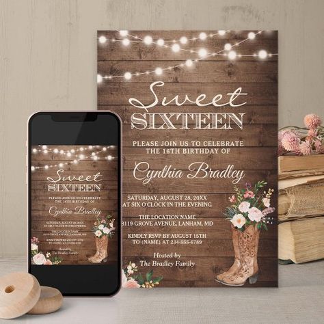 Country Sweet 16, Cowgirl Birthday Invitations, Country Themed Parties, Sweet 16 Party Themes, Rustic Boots, Sweet Sixteen Birthday Party Ideas, Sweet 16 Themes, 16 Invitations, Country Birthday