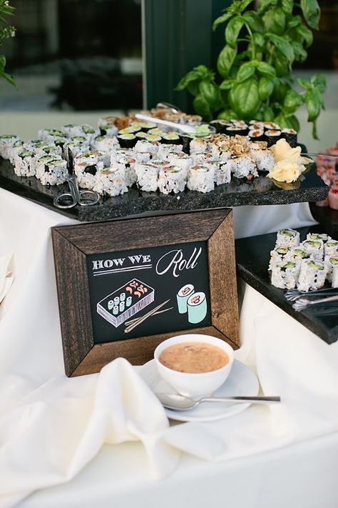 From build your own bagels, to a walk-thru Taco bar, and from a sober hydration station to a Bloody Mary stand... We've plenty of fun food + drink bar ideas! Wedding Food Table, Wedding Food Stations, Sushi Party, Reception Food, Japanese Wedding, Food Stations, Grazing Tables, Food Table, Sushi Bar