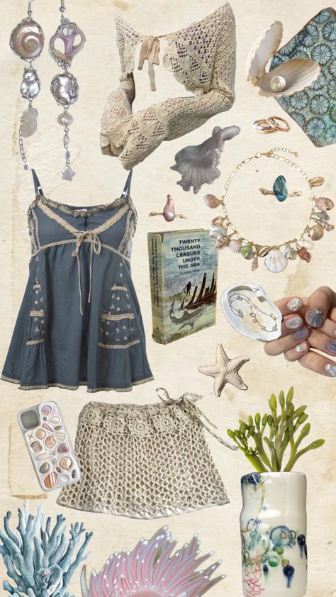 #mermaid #mermaidcore #mermaidaesthetic #outfitinspo #vintage #beach #beachgirl #oceanaesthetic #ocean #oceancore #seashells #jewelry #moodboards #summeroutfit #summeraesthetic #styleinspo #outfit #outfitideas Mermaid Core Fits, Oceanic Outfits, Mermaidcore Outfit Aesthetic, Siren Outfit Inspiration, Ocean Outfit Ideas, Mermaidcore Aesthetic Fashion, Junglecore Outfits, Ocean Core Aesthetic Outfits, Ocean Clothes Fashion