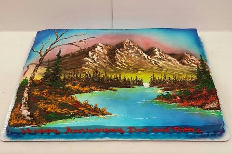 Bob Ross Cake Cake Decorating Designs, Bob Ross, Unicorn Cake, Sheet Cake, Happy Campers, Holidays And Events, Cake Designs, Amazing Cakes, Delicious Desserts