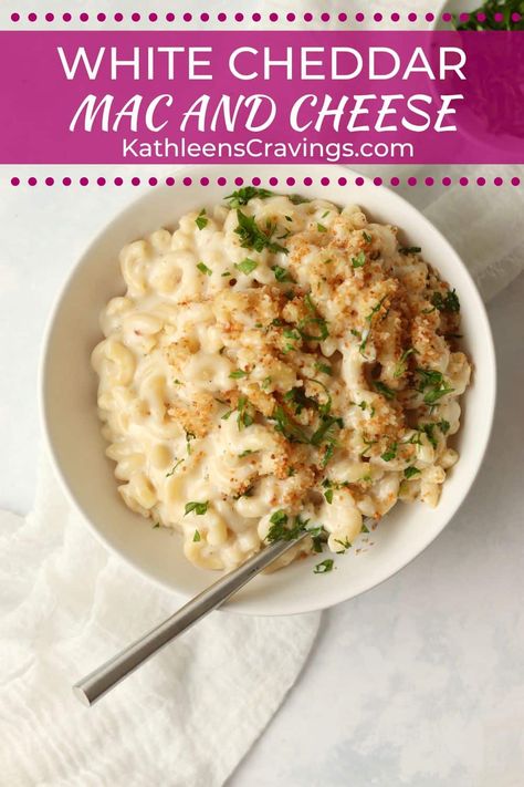 White Cheddar Mac and Cheese is extra cheesy, rich, and easy to make on the stovetop! Start by making an easy white cheese sauce then top the cheesy noodles with crispy Panko Breadcrumbs. Cheesy Noodles, White Cheddar Mac And Cheese, White Mac And Cheese, White Cheese Sauce, Cheddar Mac And Cheese, Pastas Recipes, White Cheese, White Cheddar Cheese, No Calorie Foods