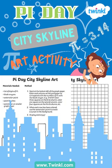 Skyline and a child drawing and math symbols and doodles Digits Of Pi, Decimal Places, City Skyline Art, Algebraic Thinking, Art Activity, Pi Day, Skyline Art, Activity For Kids, Place Values