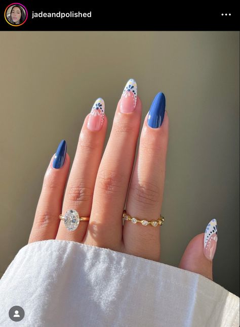 Acrylic Nails For Mexico Vacation, Summer Nails For Europe, Mediterranean Inspired Nails, Blue Talavera Nails, Portuguese Inspired Nails, Greek Inspo Nails, Coastal Granddaughter Nail Ideas, European Nails Summer, Barcelona Nails Design