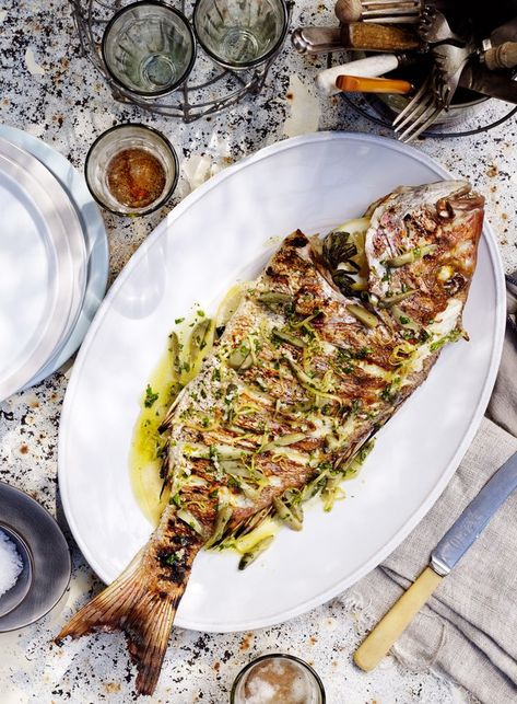 Whole Grilled Fish with Lemon, Cornichons and Oregano Dressing - Dish Barbecued Fish, Lemony Dressing, Hosting Recipes, Barbecue Fish, Whole Fish Recipes, Savoury Treats, Bbq Fish, Whole Fish, New Zealand Food