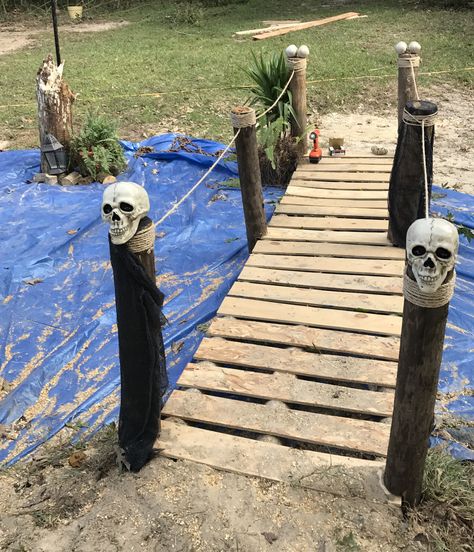 Pirate swamp bridge Pirate Theme Backyard, Pirate Themed Office Party, Pirate Halloween Yard Decorations, Pirate Themed Backyard, Haunted Swamp Decorations, Pirates Of The Caribbean Halloween Decorations, Scary Pirate Halloween Decorations, Outdoor Pirate Halloween Decorations, Haunted House Pirate Theme