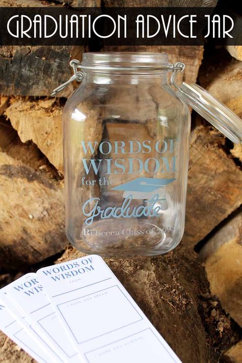 Need graduation party ideas? Try this advice jar with free printable advice cards! Make it with your Cricut and some vinyl for a personalized touch! Country Graduation Party, Graduation Candy Table, Advice Jar, Country Graduation, Advice For The Graduate, Outdoor Graduation Parties, Backyard Graduation Party, Graduation Party High, Graduation Candy