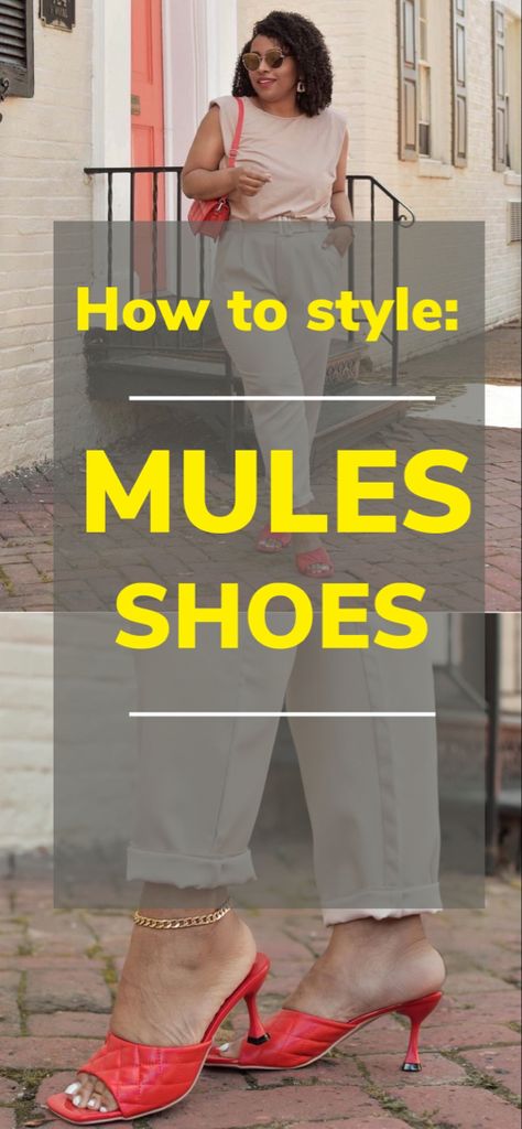 How to style mules shoes, how to style mules heels, how to style mules 2023, how to style flat mules, how to wear mules, how to wear mule shoes, comfortable shoes, summer shoes, summer outfits Fall Mules Shoes, Mule Pumps Outfit, Mule Heels Outfit Dress, Outfits With Mules Heels, Mule Heel Outfit, Block Heel Mules Outfit, Open Toe Mules Outfit, Mules Shoes Outfit Work, Heeled Mules Outfit