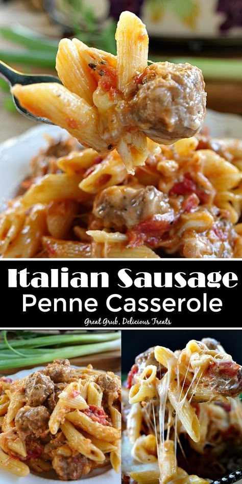 Italian Sausage Penne Casserole is seasoned perfectly, loaded with Italian sausage and lots of delicious cheese. #italianrecipes #easycasserole #pasta #dinnerrecipes #greatgrubdelicioustreats Meals With Italian Sausage Dinners, Sausage Noodle Casserole, Loose Sausage Recipes Dinners, Italian Sausage Recipes For Dinner Pasta, Italian Sausage Pasta Skillet, Pasta Dishes With Sausage, Recipes With Italian Sausage Links, Sausage Casserole Dinners, Recipes With Italian Sausage