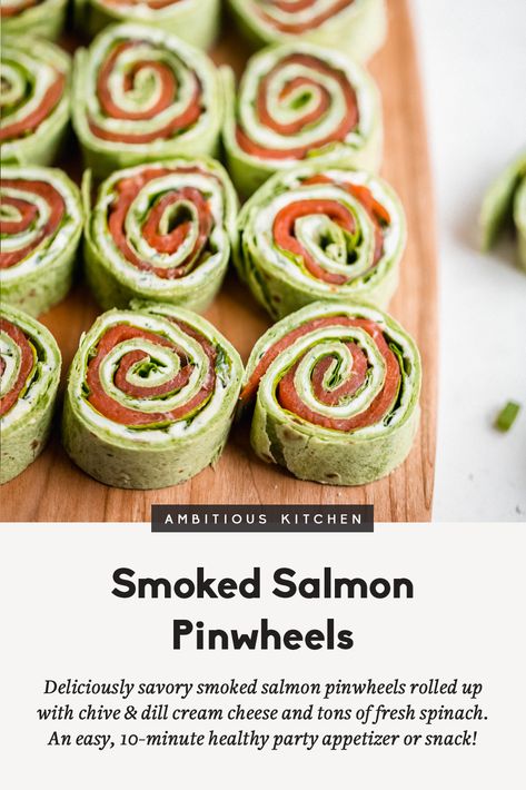 Deliciously savory smoked salmon pinwheels rolled up with a flavorful chive and dill cream cheese and tons of fresh spinach. This easy, healthy appetizer comes together in just 10 minutes for the ultimate party food or snack! Smoked Salmon Pinwheels Appetizers, Smoked Salmon Pinwheels Roll Ups, Salmon Pinwheels Roll Ups, Salmon Pinwheel, Smoked Salmon Pinwheels, Dill Cream Cheese, Salmon Pinwheels, Healthy Party Appetizers, Artichoke Soup