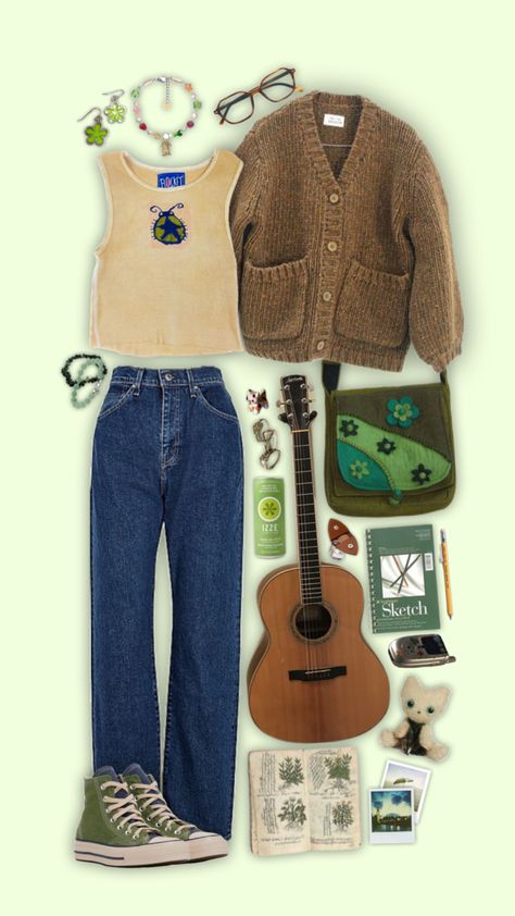 #aestheticoutfit #outfit #outfitinspiration #outfitinspo #green #musician Musician Outfits Women, Musician Aesthetic Outfits, Marauders Outfits, 2000s Aesthetic Outfits, Sixth Dimension, 1990s Aesthetic, Photography Reference, Earth Style, 2000s Aesthetic