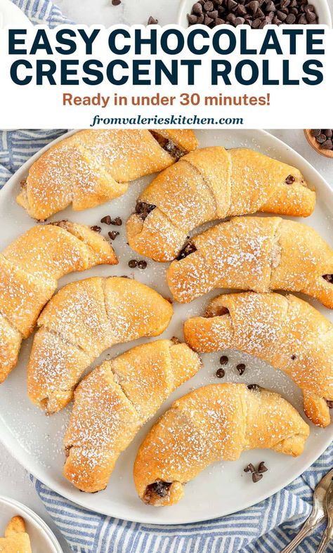 These Chocolate Crescent Rolls are so easy to make and will remind you of a chocolate croissant from a bakery. Store-bought crescent rolls are baked with a sweet mascarpone and chocolate filling to create these irresistible pastries. Croissant Filling Ideas, Chocolate Filled Croissants, Chocolate Crescent Rolls, Chocolate Croissant Recipe, Easy Crescent Roll Recipes, Filled Crescent Rolls, Crossant Recipes, Crescent Roll Recipes Dinner, Crescent Roll Dessert