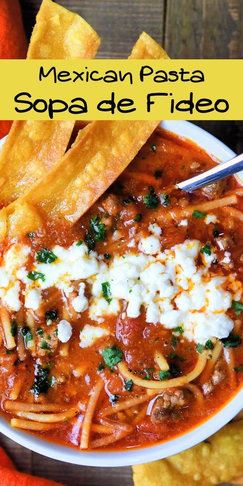 Sopa de Fideo con Carne Mexican Noodles Fedio Mexican, Fideo Con Picadillo, Fideo Pasta Recipe, Fideo Loco Recipe Mexican, Mexican Fideo, Fideo Loco, Easy Fideo Recipe, Mexican Noodle Soup, Mexican Fideo Recipe