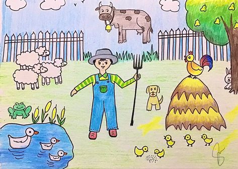 Easy to learn farm scenery drawing Farm Animals Drawing Easy, How To Draw A Farm, Farm Drawing Easy, Farm Drawing, Cartoon Drawing For Kids, Paper Plate Art, Scenery Drawing For Kids, Drawing Games For Kids, Farm Scenery