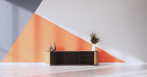 Orange And White Office, Black And Orange Office Interior Design, Orange Office Interior, Office Interior Design Orange, Grey Orange Wallpaper, Orange Office, Grey Walls Living Room, Triangle Wall, Celebration Background