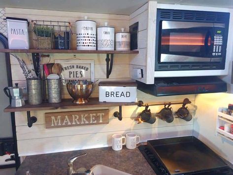 Camper Decorating Ideas, Farmhouse Rv, Farmhouse Camper, Rv Decor Ideas, Camper Decorating, Rv Camping Ideas, Decorating Your Rv, Campers And Rv, Rv Living Room