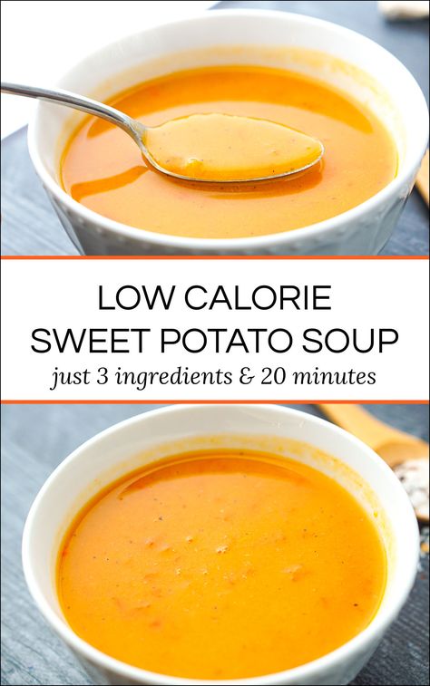 2 white bowls with sweet potato & red pepper soup and text Low Calorie Sweet Potato, Low Carb Sweet Potato, Low Calorie Soup Recipe, Super Low Calorie, Sweet Potato Soup Recipes, Low Calorie Soup, Sweet Potato And Apple, Stuffed Sweet Potato Healthy, Low Carb Soup