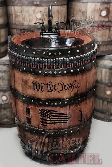 All photos are of our actual barrels and some customer installations. BUILT TO ORDER  ALMOST ANY ARTWORK OR THEME CAN BE PUT ON THE BARREL SINCE IT IS DONE BY HAND WITH WOODBURNING, PAINTS, AND/OR STAINS.   GREAT WAY TO USE YOUR OWN PERSONALIZED LETTERING OR YOUR LOGO.   Please put details regarding your artwork or any specific style or stain you like from our sample pics in the checkout notes. Before ordering:  Please also check current estimated ship dates as to how far out we currently are (U Whiskey Barrel Vanity, Bourbon Barrel Projects, Men��’s Bathroom Ideas, Men Bathroom Ideas, Cowboy Cottage, Awesome Bathrooms, Whiskey Barrel Sink, Rustic Basement Bar, Barrels Diy