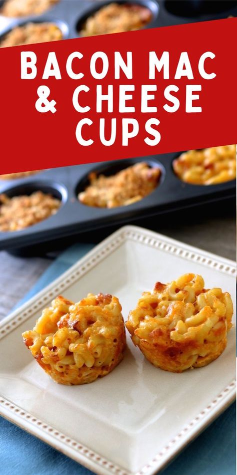 Bacon Macaroni and Cheese Cups Mac And Cheese Bites With Bacon, Macaroni And Cheese Muffins, Bacon Mac And Cheese Bites, Macaroni Cups Muffin Tins, Macaroni And Cheese Cups Muffin Tins, Cheese Cubes Recipes, Macaroni Bites, Crostini Ideas, Macaroni Cheese Bites