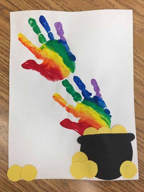 St. Patrick’s Day rainbow handprint St Patricks Day Hand And Foot Crafts, Hand Print St Patricks Day, St Patricks Day Process Art Preschool, Handprint Activities, Rainbow Handprint, Rainbow Pot Of Gold Craft Preschool, Handprint Rainbow With Pot Of Gold, Nanny Ideas, St Patricks Day Crafts For Kids