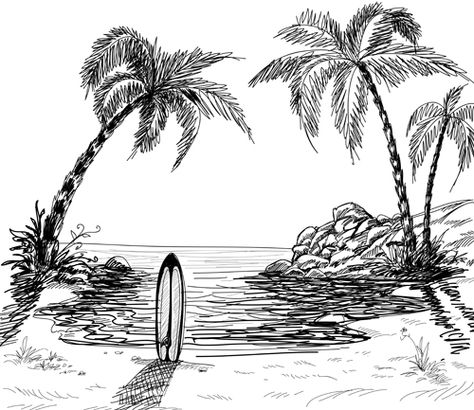 Hand drawn Beach black with white vector 01 Surf Drawing, Beach Sketches, Palm Tree Drawing, Beach Drawing, Tree Drawings Pencil, Landscape Sketch, Nature Drawing, Landscape Drawings, Tree Drawing