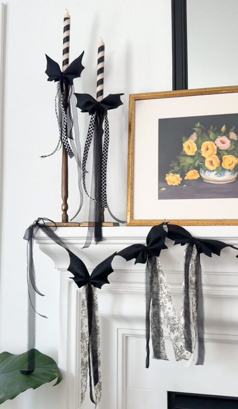 Bat Bow Garland - Treehouse Threads Ribbon Garland Diy, Mantle Decor Diy, Garland On Mantle, Diy Halloween Garland, Bat Garland, Farmhouse Eclectic, Bat Bow, Halloween Mantle Decor, Office Halloween Decorations