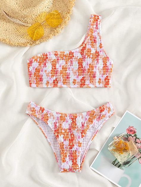 floral pink and orange one-shoulder bikini Swimsuits From Shein, Teen Girl Swimsuit Ideas, Cute Shein Bathing Suits, Cute Bathing Suits Teens, Preppy Bathing Suits For Kids, Summer Bikinis Shein, Teen Swimsuits Outfits, Cute Bikins For Teens, Preppy Swimsuits For Teens