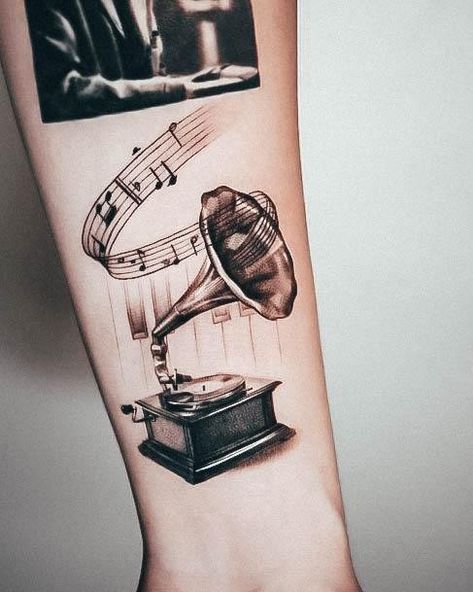 Cool Music Tattoos, Gramophone Tattoo, Mic Tattoo, Musician Tattoo, Song Tattoos, Key Tattoos, Cool Music, Music Tattoo Designs, Stylist Tattoos