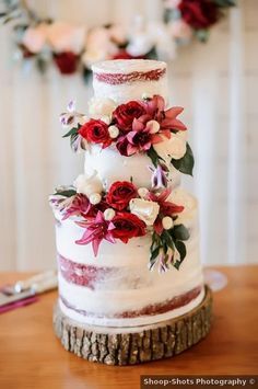 Half frosted wedding cake - flowers pink red velvet three tier {Shoop-Shots Photography}  Half frosted wedding cake - flowers pink red velvet three tier {Shoop-Shots Photography} Burgundy Wedding Cake, Cakes With Flowers, Black Wedding Cakes, Fresh Flower Cake, Winter Wedding Cake, Wedding Treats, Cream Wedding, December Wedding, Wedding Cakes With Flowers