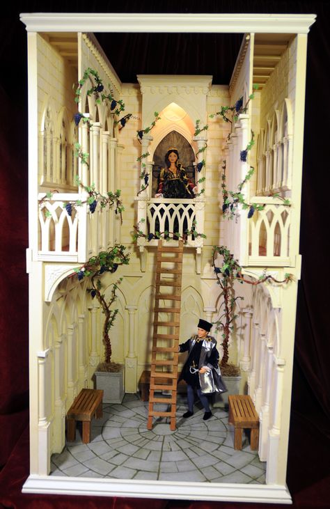 Barbie and Ken as Romeo & Juliet in a 1:6 Scale, 2 Story diorama by Ken Haseltine based upon Romeo & Juliet now up for sale on eBay... Regent Miniatures http://www.regentminiatures.com. Visit the eBay store at: http://stores.ebay.com/Small-World-Minis Bookshelf Nook, Shoe Box Diorama, Romeo And Juliet Balcony, Reference Places, Craft Miniature, Scene Shoes, Book Sculptures, Juliet Balcony, Barbie Diorama