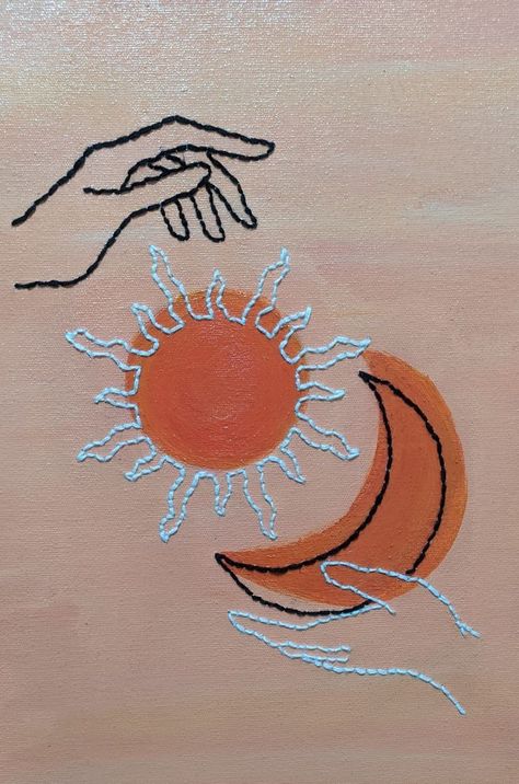 Moon And Sun Embroidery, Embroidery On Canvas Diy, Embroidery Painting Canvas, Embroided Canvas, Lineart Embroidery, Sun And Moon Embroidery, Camp Sweatshirt, Embroidered Painting, Sun Embroidery