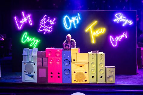 DJ Booth - Painted Speakers - Britney Spears Song Titles - Neon Lights - Bright Colors - Custom DJ Booth Neon Booth Design, Music Photo Booth, Dj Booth Ideas, Dj Zone, Dj Booth Design, Festival Dj Booth, Music Booth, Y2k Party Decorations, 80s Dj Booth