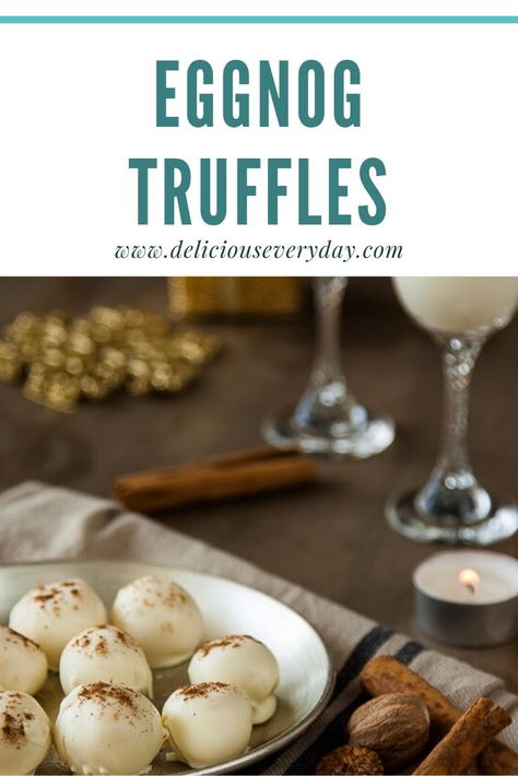 These eggnog truffles take the classic Christmas treat to a whole new level. With flavors of white chocolate, bourbon, and nutmeg – these little morsels melt in your mouth and taste just like Christmas-time. #truffles #chocolate #eggnog Eggnog Truffles, Best Christmas Baking, Recipes For Christmas Cookies, Savory Chocolate, Candy Cane Cake, Classic Christmas Treats, Vegetarian Christmas Dinner, How To Make Eggnog, Vegetarian Christmas Recipes