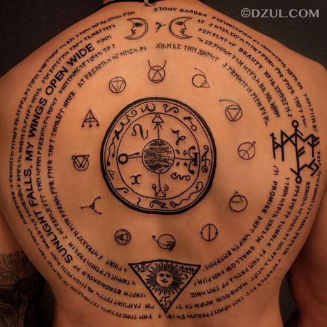 He gets it Occult Back Tattoo, Alchemy Back Tattoo, Esoteric Tattoo Ideas, Crazy Back Tattoos, Alchemy Tattoo Symbols, Esoteric Tattoo Spiritual, Occult Tattoo Ideas, Runes Tattoos, Dnd Tattoos