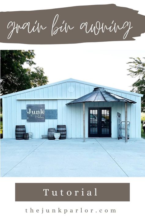 I wanted to convert our Morton building into a shop and one way I created the look was with this grain bin awning!

The Junk Parlor | Old stuff and cool junk for your home | Business Coach for Antique Dealers | thejunkparlor.com Metal Building Store Front Ideas, Metal Building For Business, Metal Building Boutique, Metal Building Restaurant, Metal Building Retail Store, Business Store Front Ideas, Small Shop Exterior, Farm Shop Buildings, Business Exterior