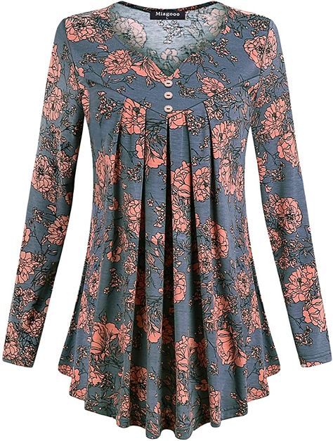 Miagooo Womens Tunic Blouses, Crewneck Long Sleeve Floral Ruffle Autumn Shirts Flared Casual Petite Tunic Tops(Blue Grey,XX-Large) at Amazon Women’s Clothing store Tops For Women Long, Autumn Shirts, Trendy Sewing Projects, Women Tunic, Tunic Designs, Sewing Projects Clothes, Women Blouses Fashion, Trendy Sewing, Kurti Neck Designs