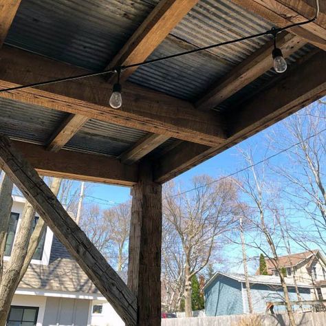 Patio Ceiling Ideas Inspiration Tin With Rustic Wood Beams Tin Roof Porch Diy Covered Patios, Outdoor Covered Patio Ceiling Ideas, Patio Cover Ceiling Ideas, Patio Ceiling Ideas Outdoor Diy, Rustic Back Porch Ideas Covered Patios, Pavilion Ceiling Ideas, Black Patio Ceiling Ideas, Rustic Covered Patio Ideas, Tin Porch Ceiling